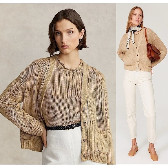 POLO RALPH LAUREN Beige Linen Oversized Fit V-Neck Open Knit Cardigan Sweater L - Picture 1 of 14